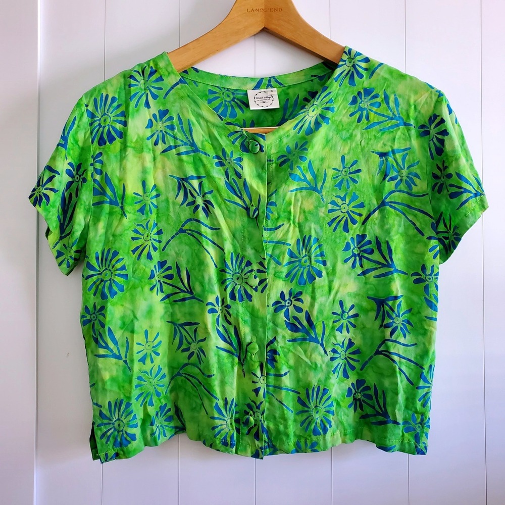 Global Village Batik Floral Rayon Top Green Blue Tie Dye Button Front Blouse S